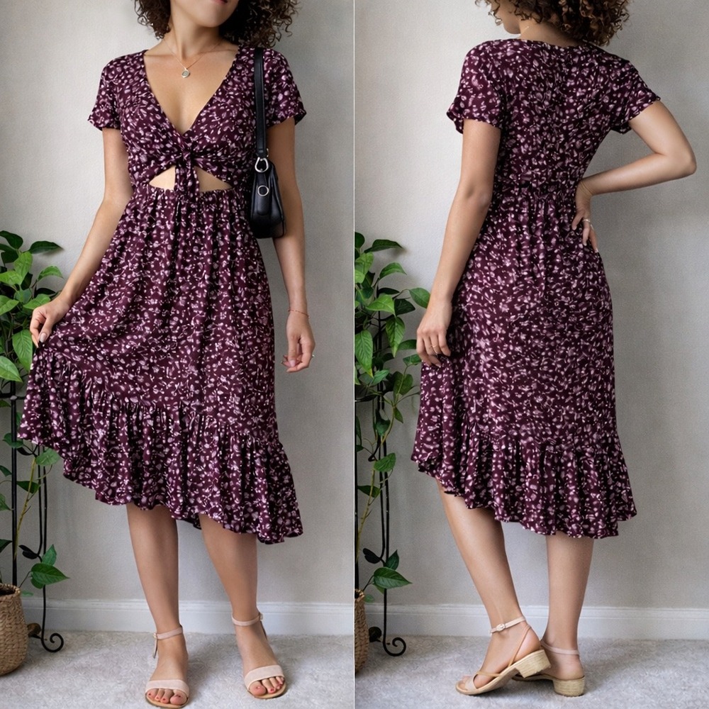 Abercrombie & Fitch Floral Midi Dress Tie Front Cutout Burgundy Boho XS